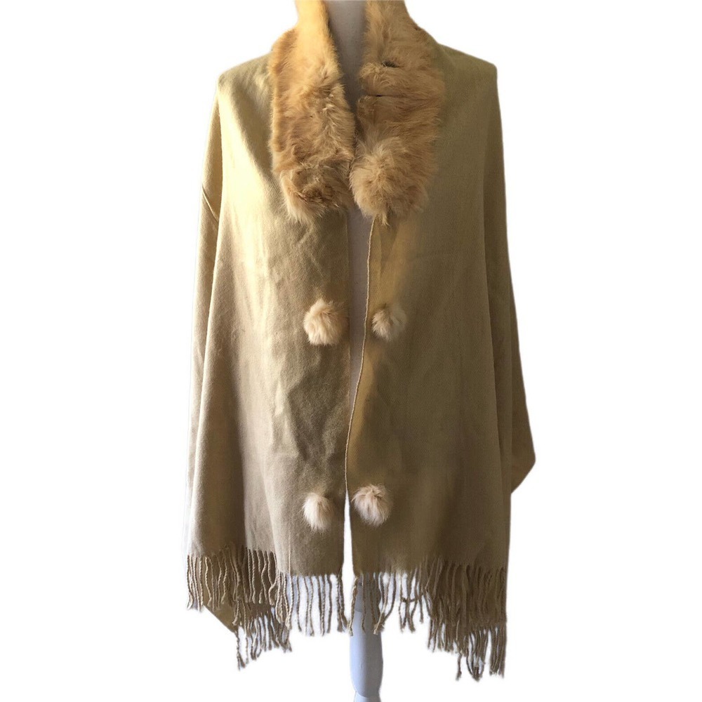 Pashmina Cashmere feel 100% Acrylic Winter Shawl with Rabbit Hair Fringes Beige